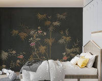 Hand-painted effect floral wall mural with bamboo stalks and petals