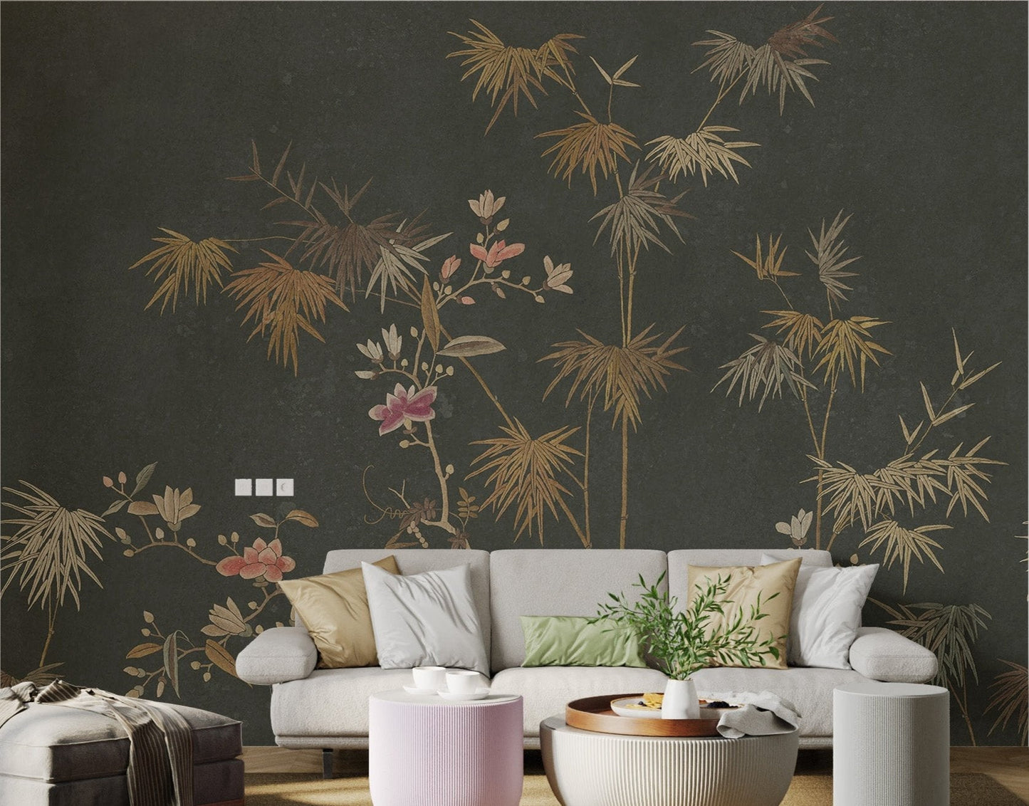 Chinoiserie style bamboo and white flower wall mural for living room.