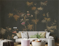 Chinoiserie style bamboo and white flower wall mural for living room.