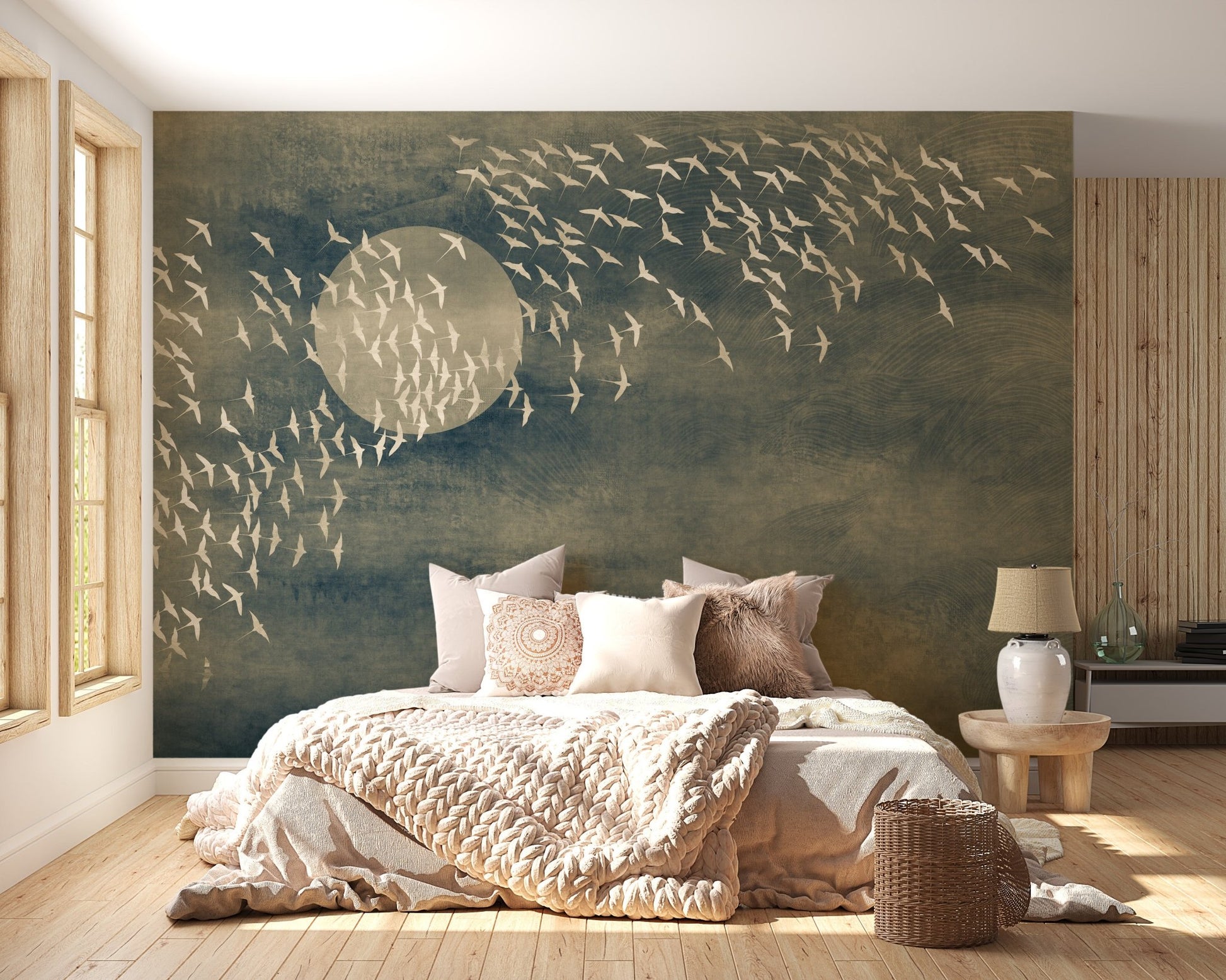 Golden Birds Flying Black Wall Mural in bright bedroom with beige bedding.