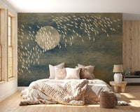 Golden Birds Flying Black Wall Mural in bright bedroom with beige bedding.