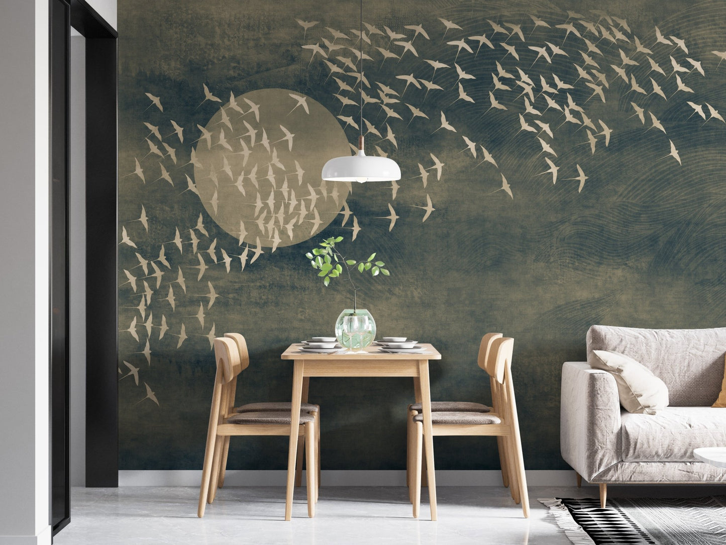 Golden Birds Flying Black Wall Mural in small dining nook with wooden chairs.