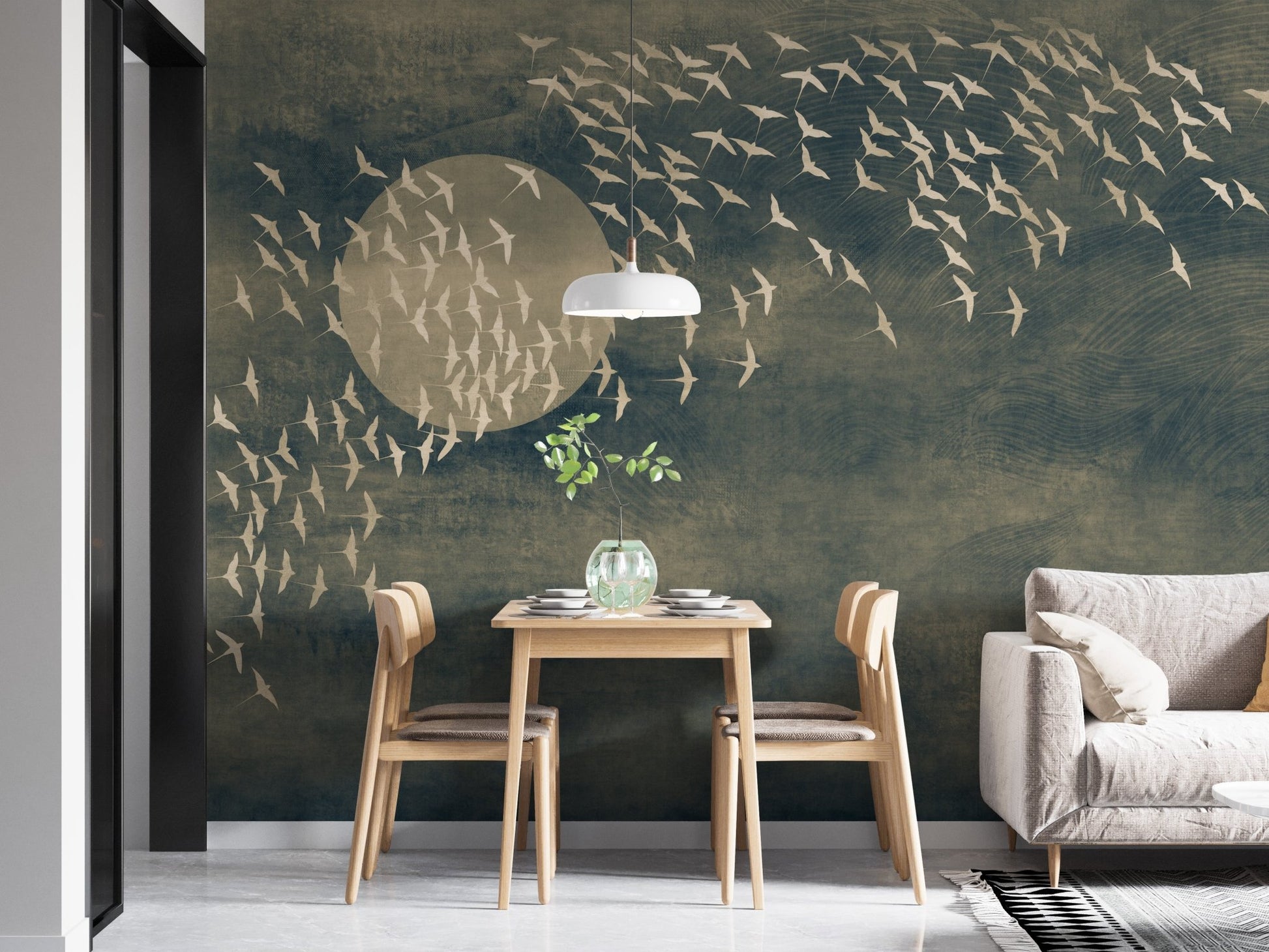 Golden Birds Flying Black Wall Mural in small dining nook with wooden chairs.