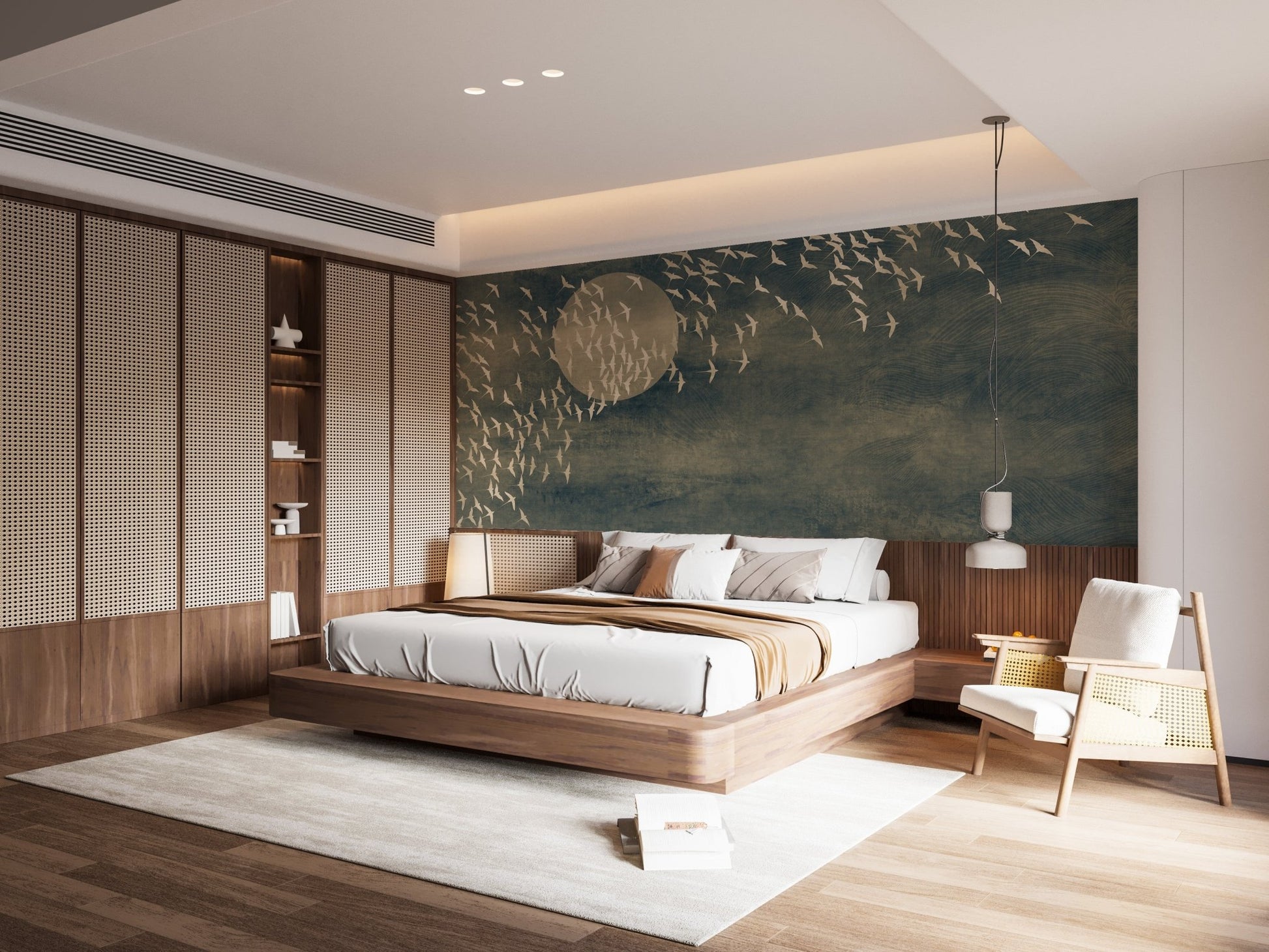 Golden Birds Flying Black Wall Mural behind wooden bed in master bedroom.