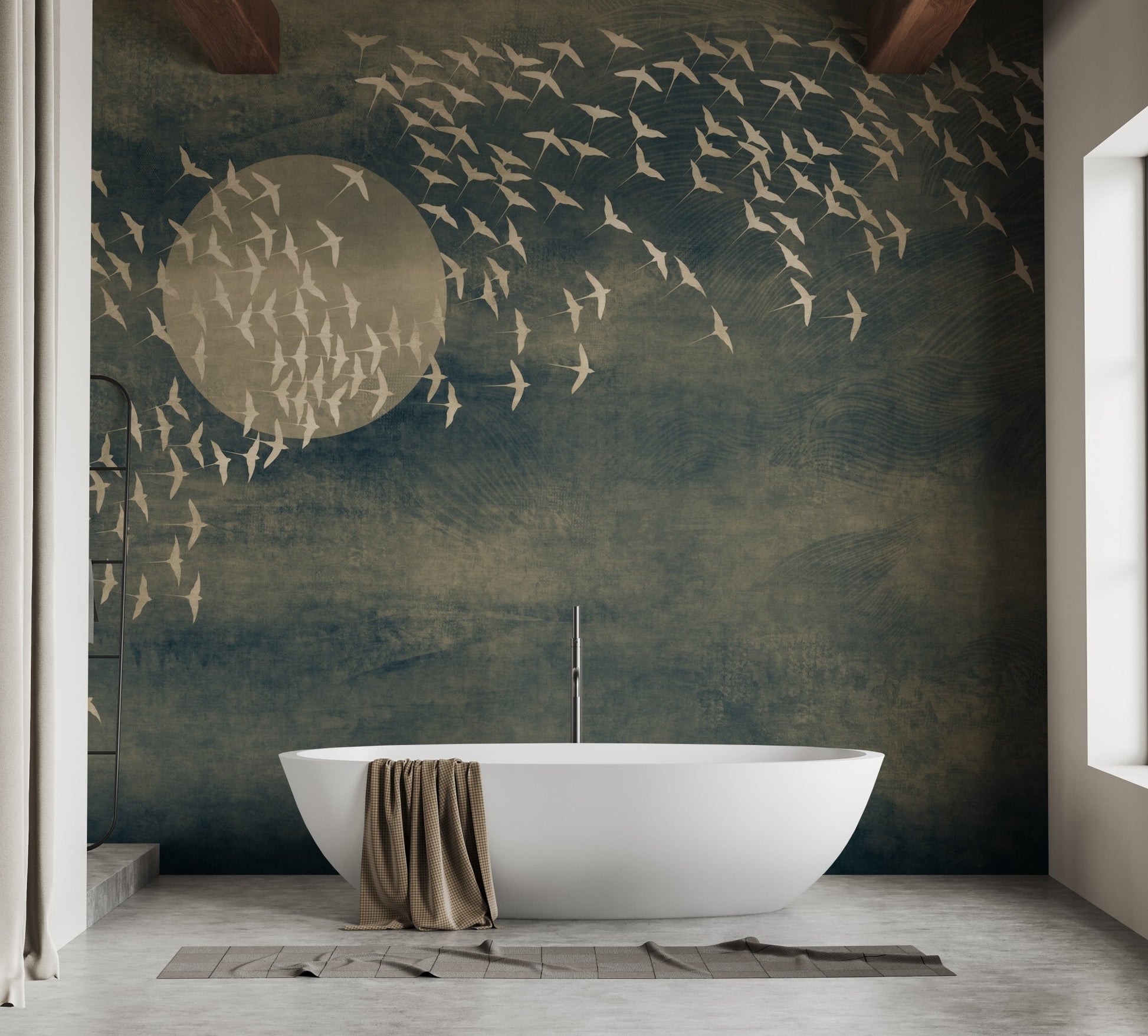 Golden Birds Flying Black Wall Mural in bathroom with white freestanding tub.