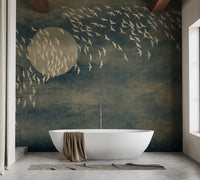 Golden Birds Flying Black Wall Mural in bathroom with white freestanding tub.