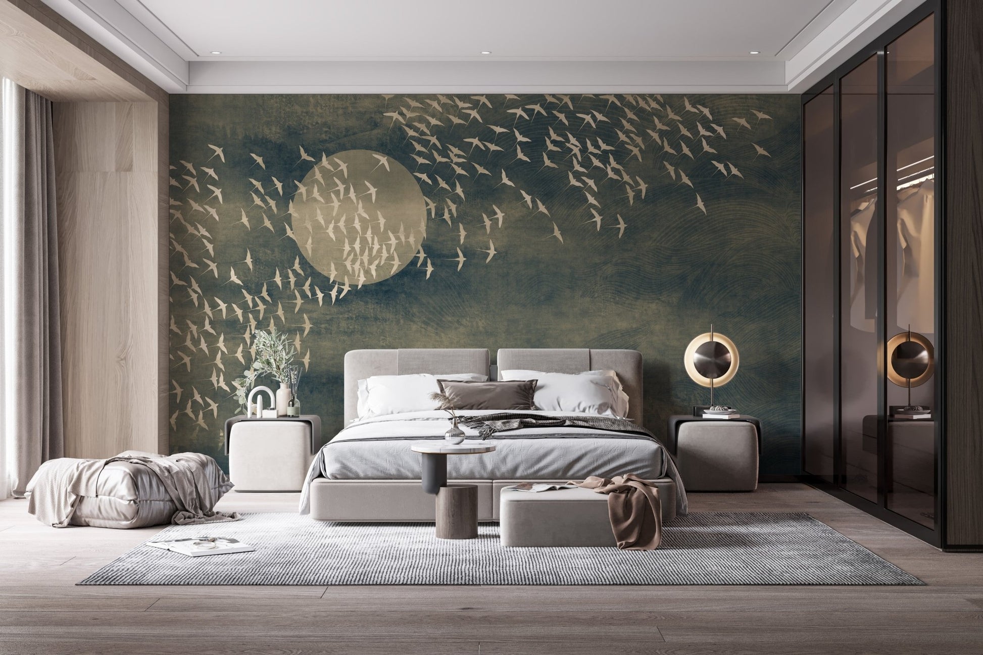 Dark artistic bird wall mural in guest room with grey rug and side tables.