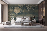 Dark artistic bird wall mural in guest room with grey rug and side tables.