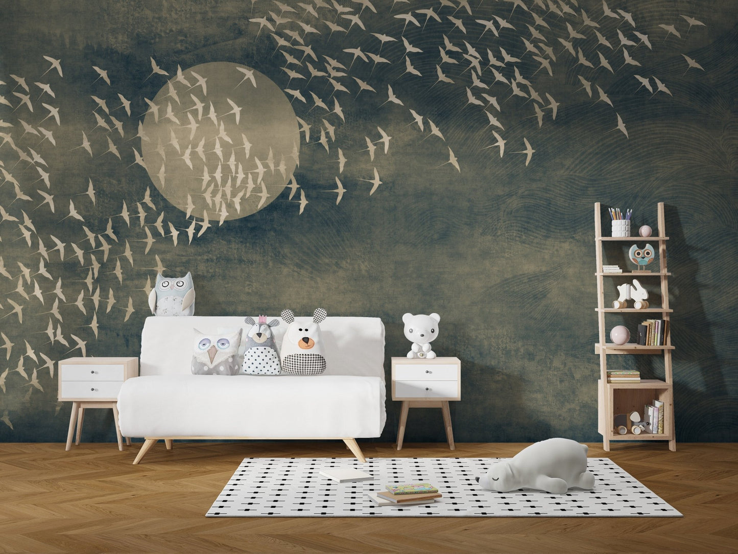 Dark teal bird wall mural with golden birds in contemporary kids playroom.