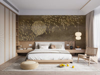 Golden Birds Flying in Sky Wall Mural behind a white bed in a bedroom.