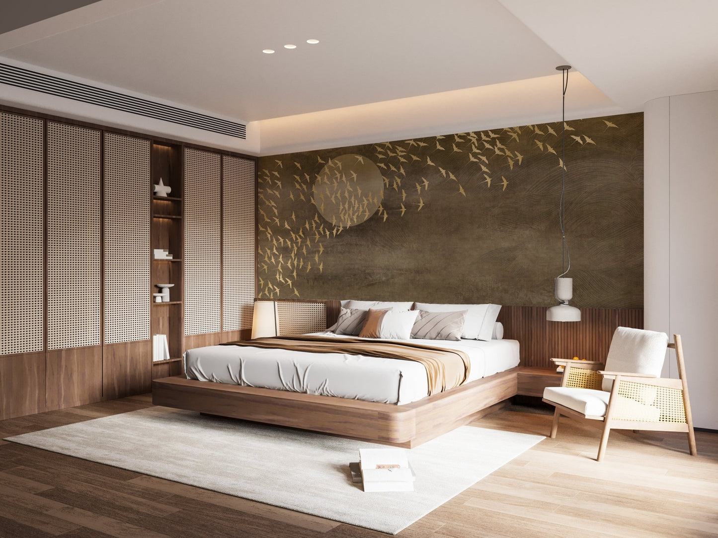 Bedroom wall mural with golden birds flying across a textured brown background.