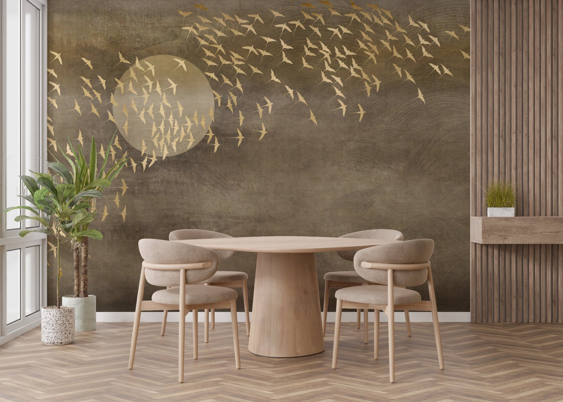 Circular moon and bird wall mural in a bright room with a round dining set.