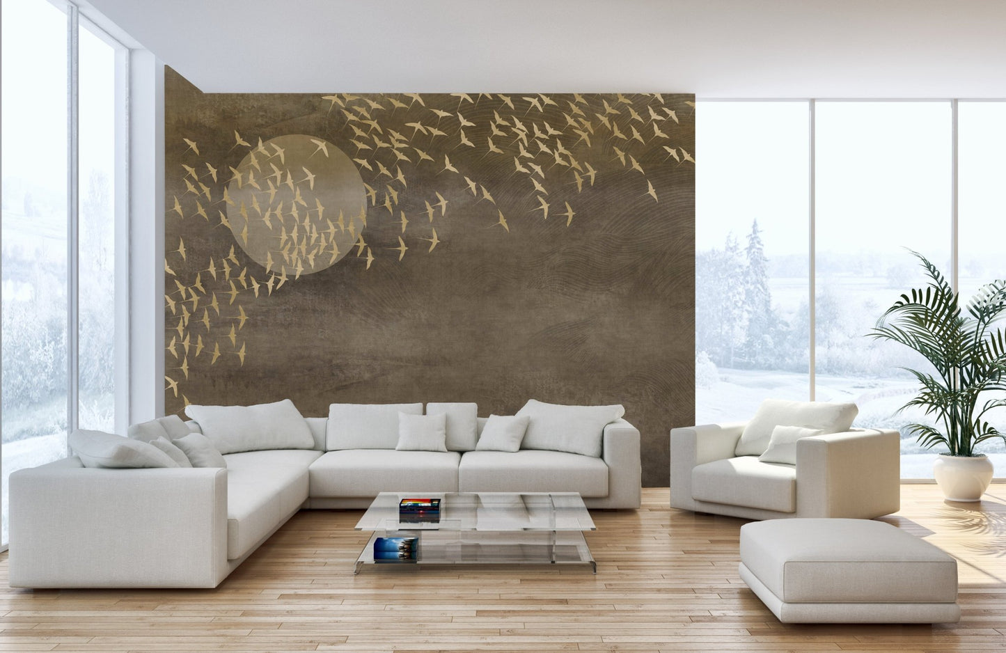Minimalist living area wall mural with gold birds and moon graphics.