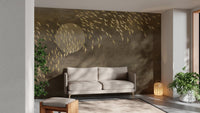Golden Birds Flying in Sky Wall mural in a modern living room with grey sofa.