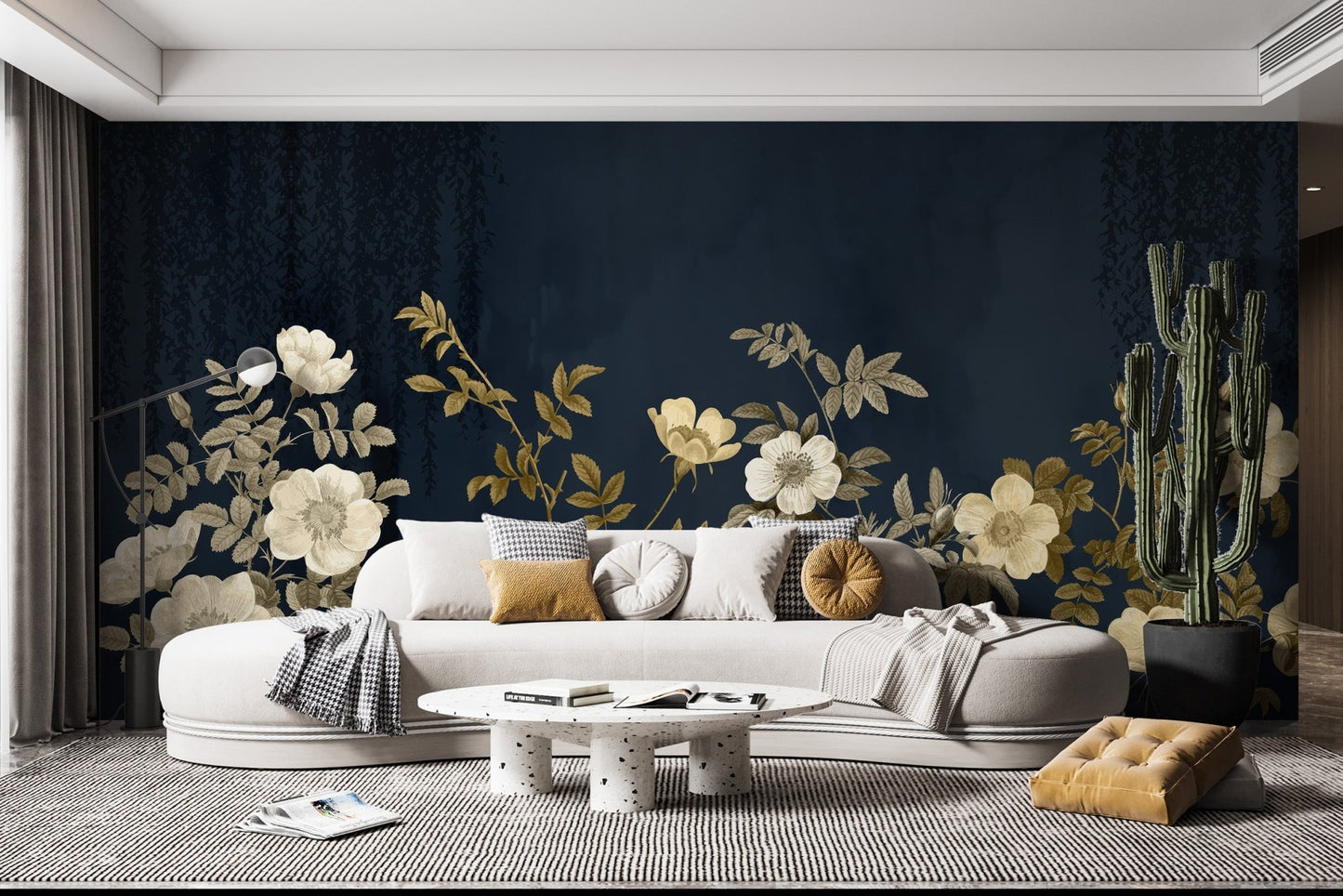 Golden blossoms night wall mural for a sophisticated feature wall aesthetic.