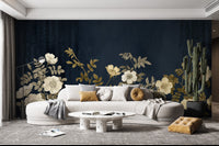 Golden blossoms night wall mural for a sophisticated feature wall aesthetic.