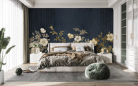 Elegant floral wallpaper mural with vintage style blossoms and dark sky.