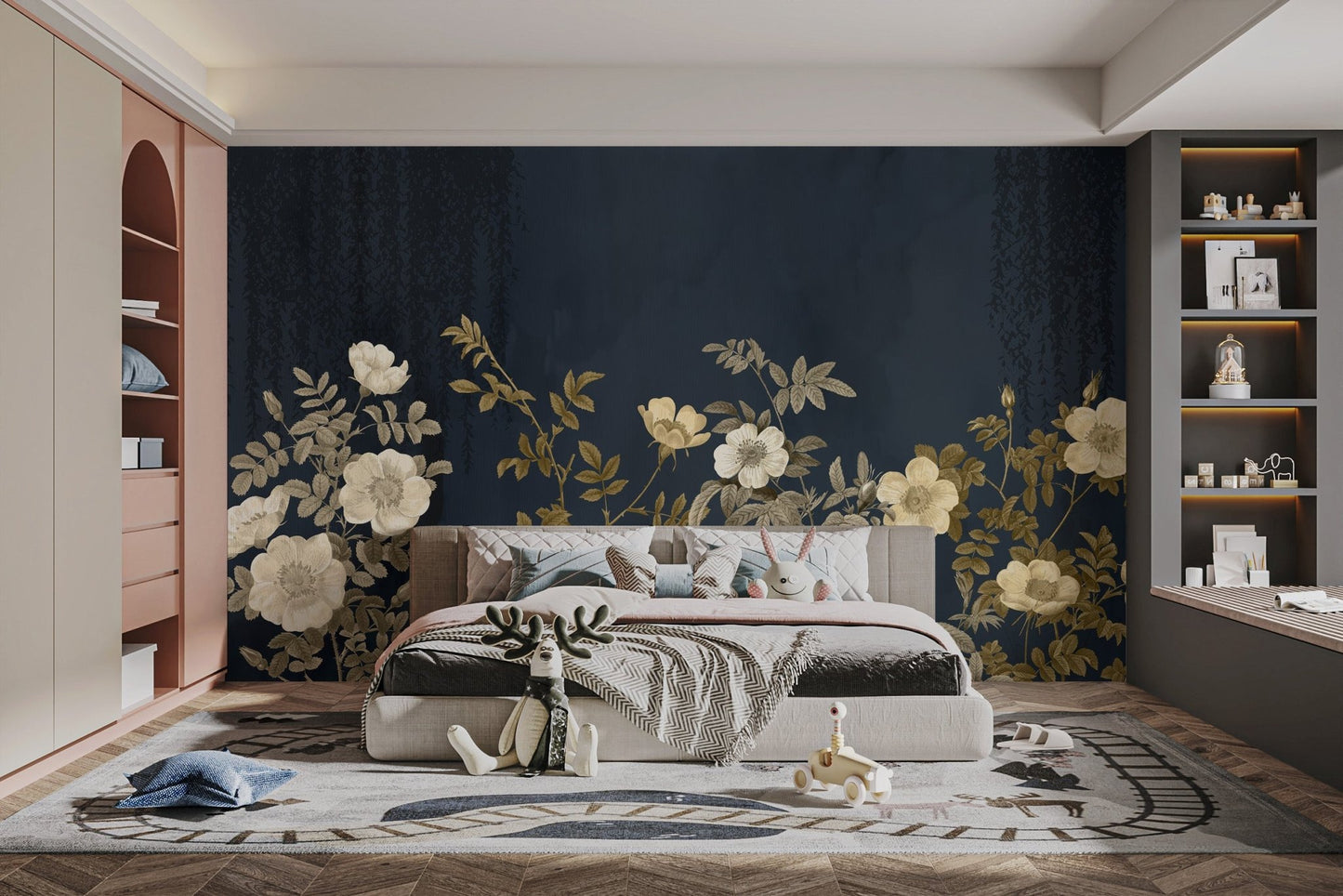 Nature inspired wallpaper mural featuring golden botanical branches.