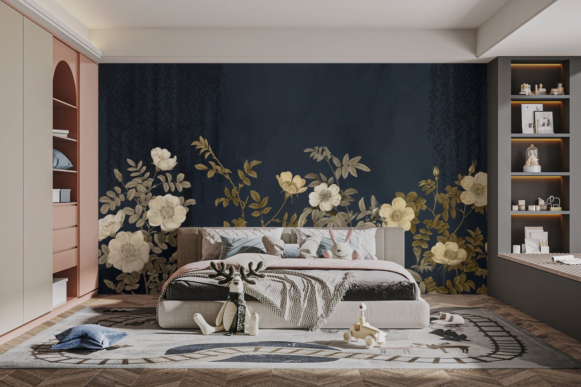 Nature inspired wallpaper mural featuring golden botanical branches.