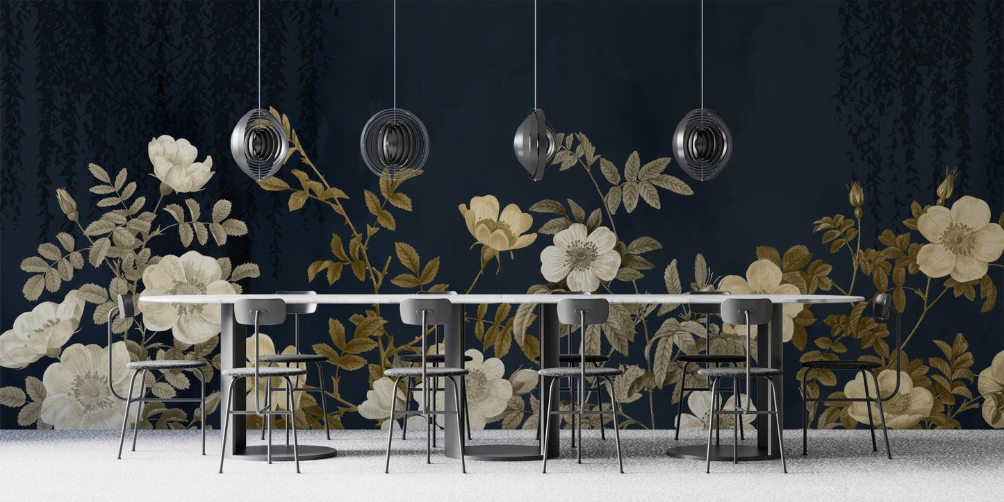 Golden blossoms night wall mural with cream roses and navy blue background.