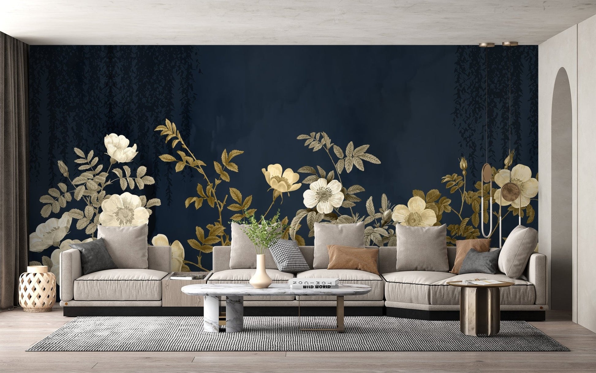 Detailed rose wallpaper mural with navy tones and gold leaf accents.