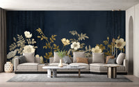 Detailed rose wallpaper mural with navy tones and gold leaf accents.