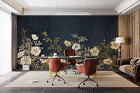 Modern wall mural showing gold and cream flowers on a deep blue texture.