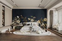 Artistic wall mural with cream wild roses and shimmering gold foliage.