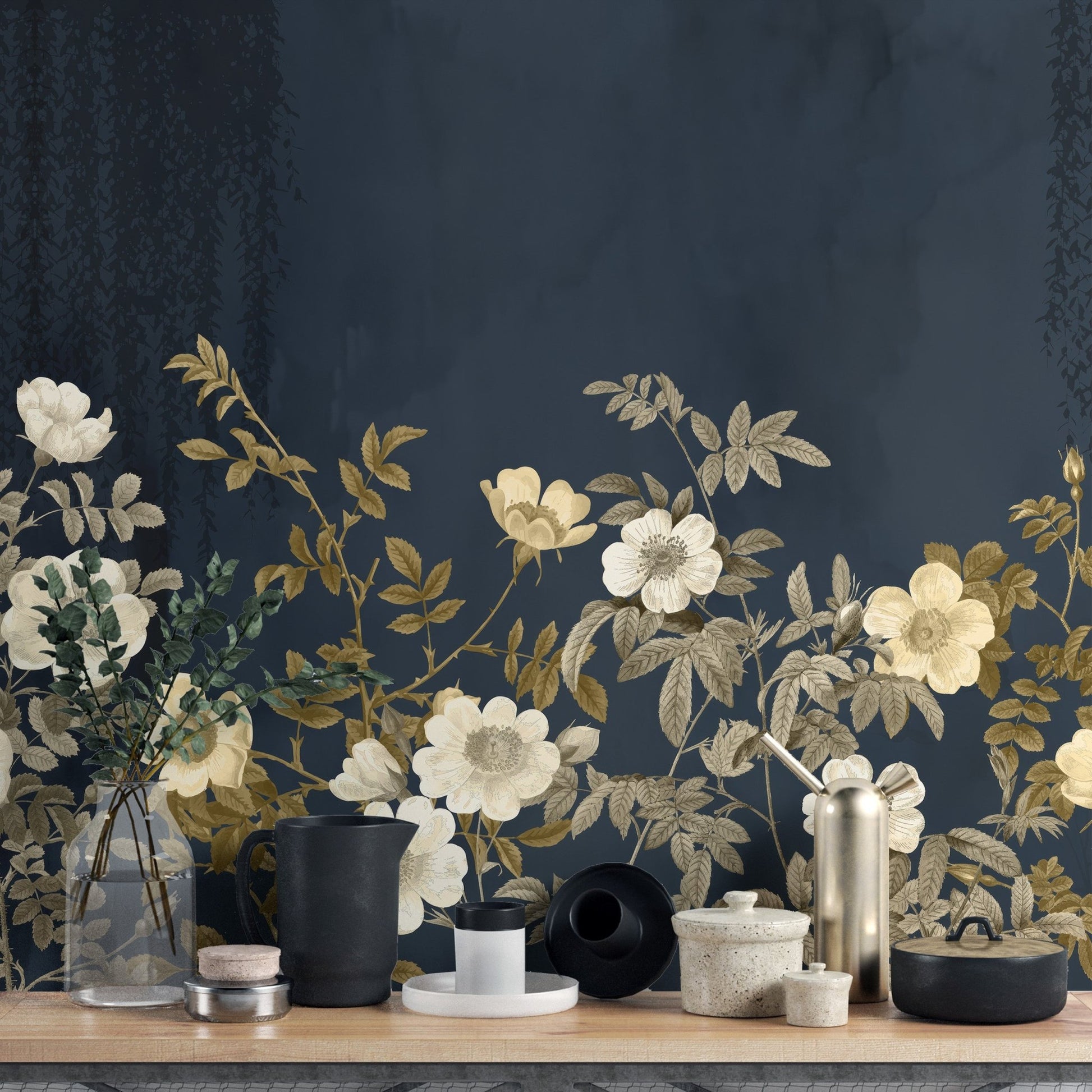 Floral themed wall mural with ivory petals and golden garden elements.