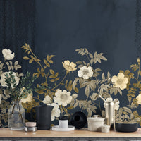 Floral themed wall mural with ivory petals and golden garden elements.