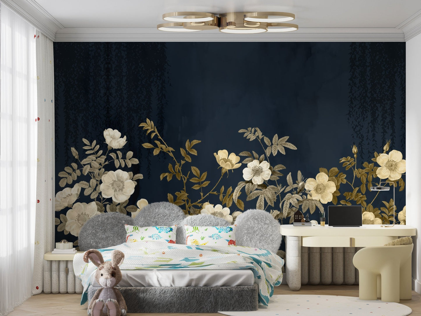 Navy and gold wallpaper mural for a contemporary interior design style.