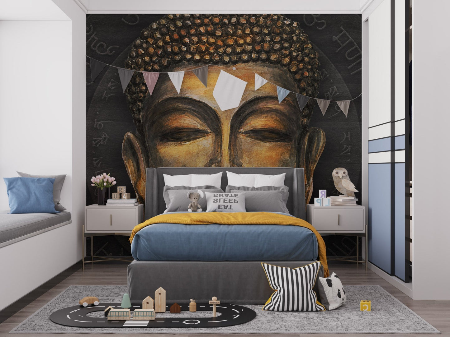 Aesthetic wisteria and golden buddha wallpaper mural for wall art.