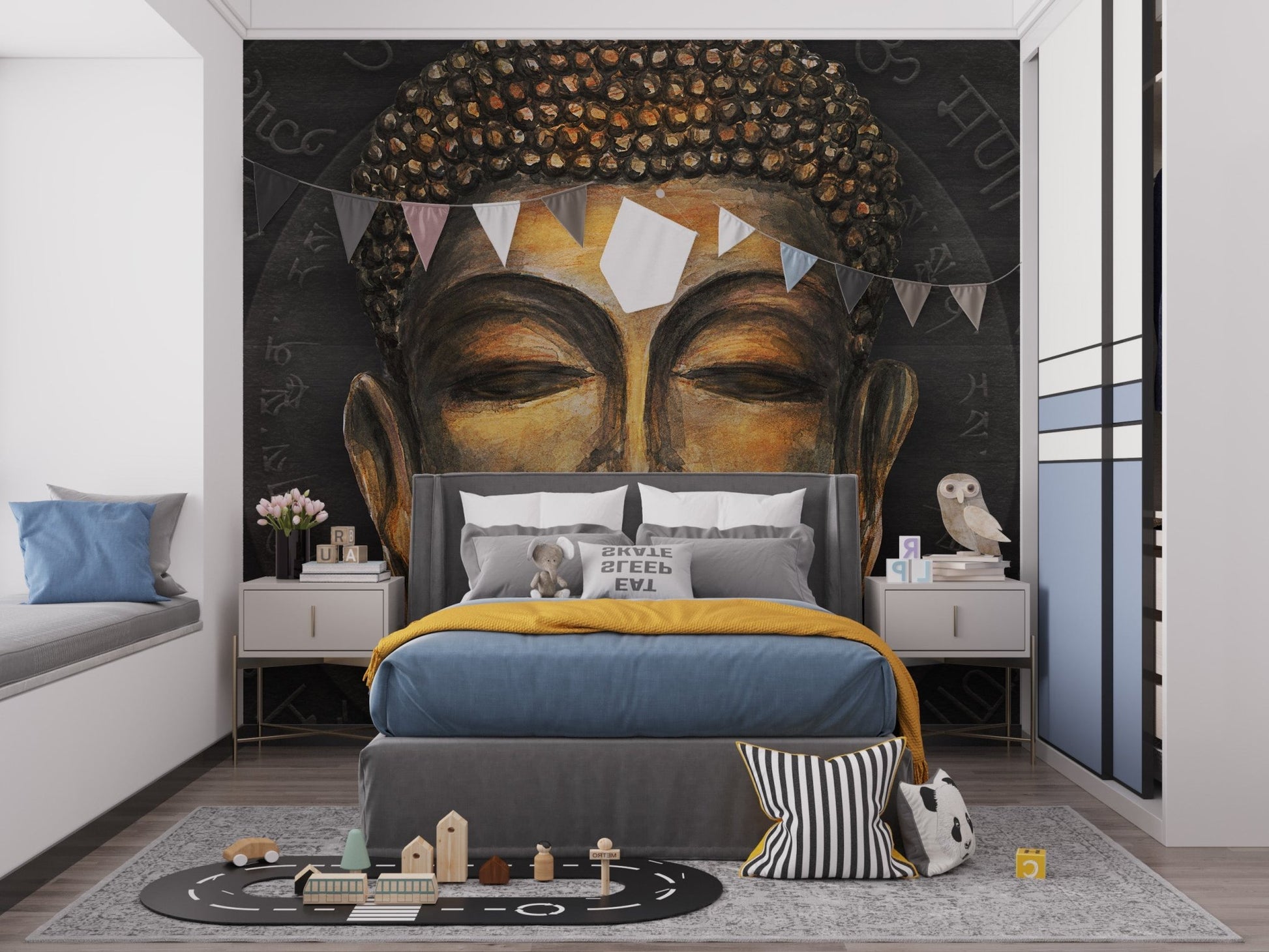 Aesthetic wisteria and golden buddha wallpaper mural for wall art.