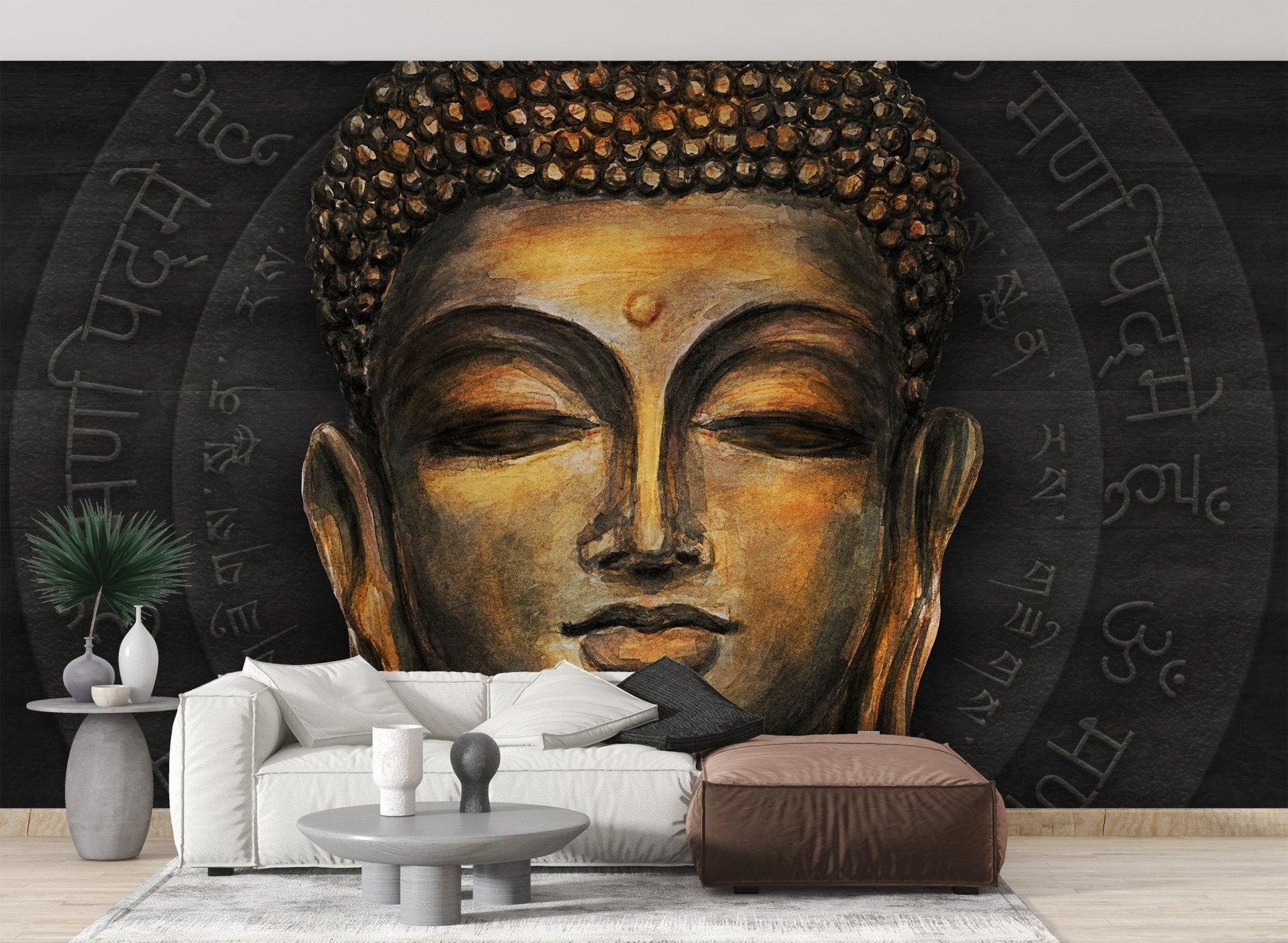 Golden buddha wallpaper mural with wisteria and serene gold color.