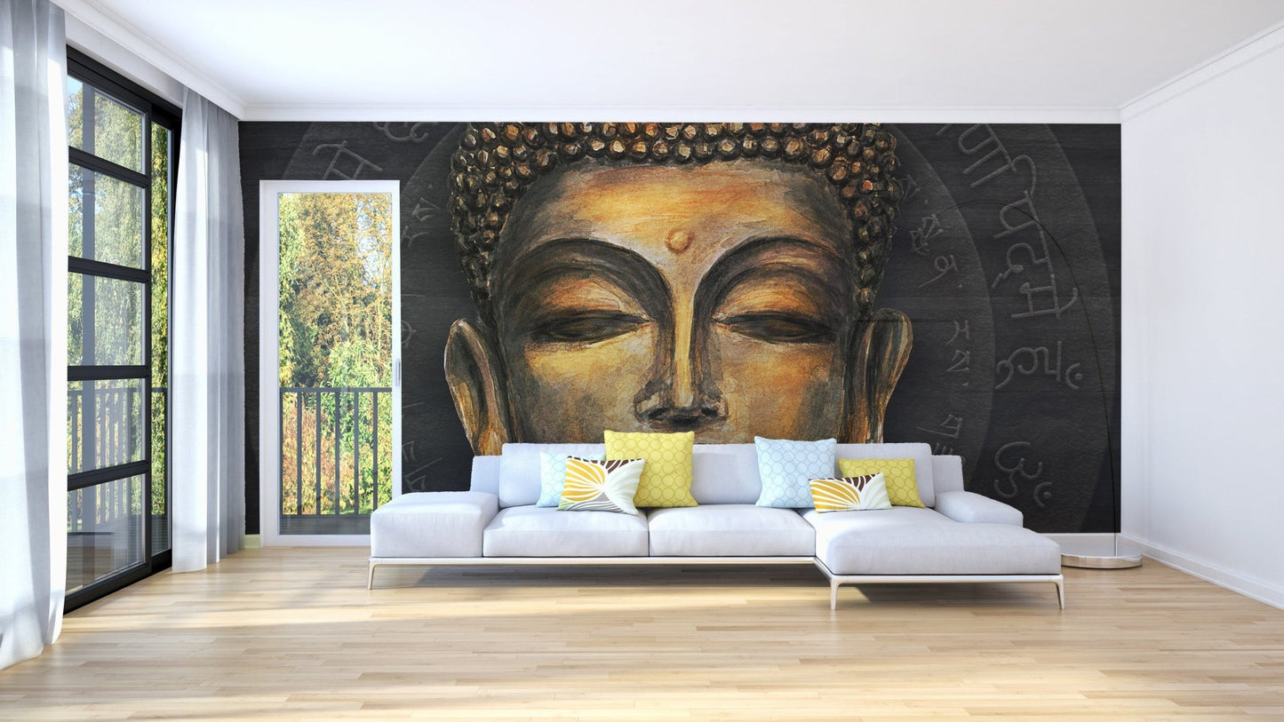 Golden buddha wallpaper mural featuring wisteria and calming art.