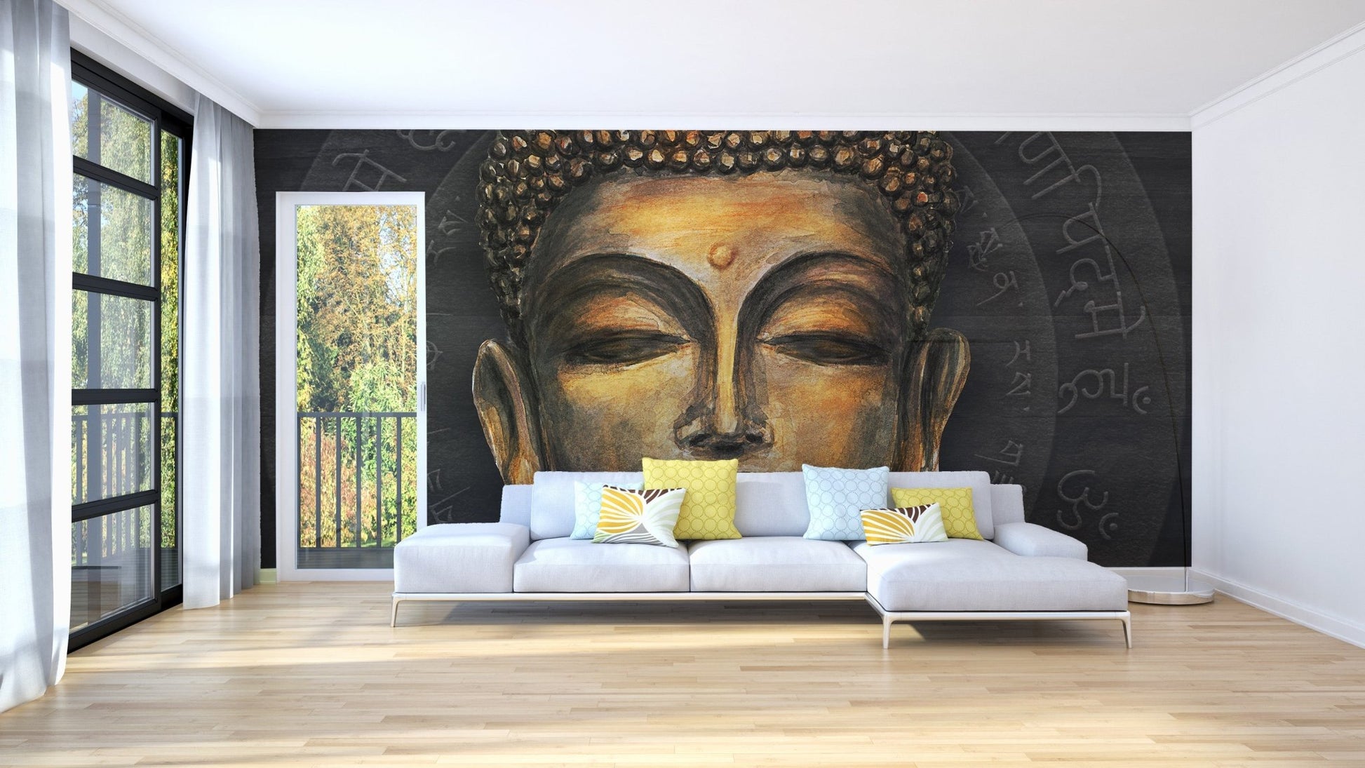 Golden buddha wallpaper mural featuring wisteria and calming art.
