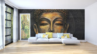 Golden buddha wallpaper mural featuring wisteria and calming art.