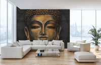 Wisteria accents on golden buddha wallpaper mural for wall decor.