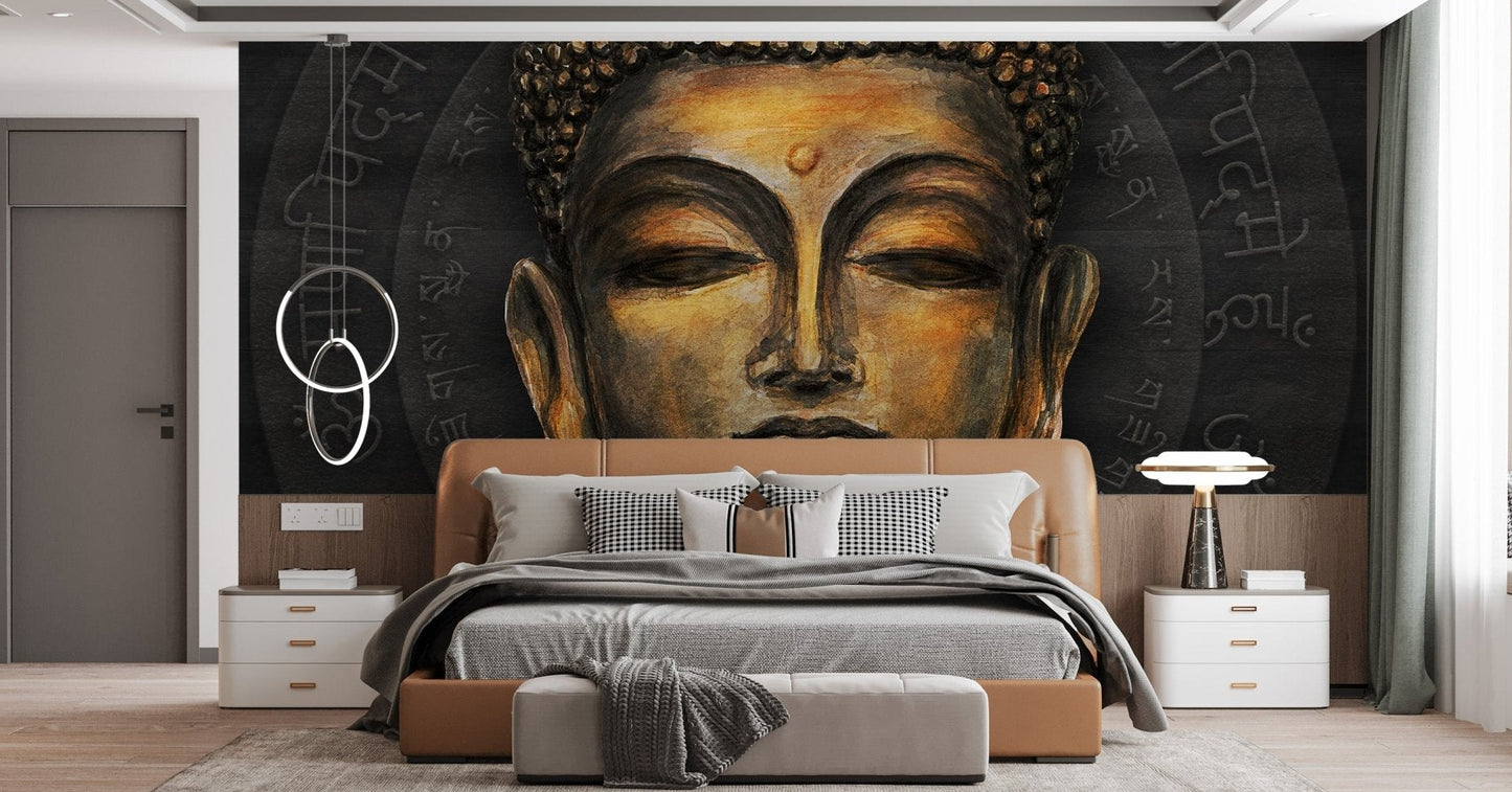 Wisteria floral art on golden buddha wallpaper mural backdrop.