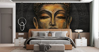 Wisteria floral art on golden buddha wallpaper mural backdrop.