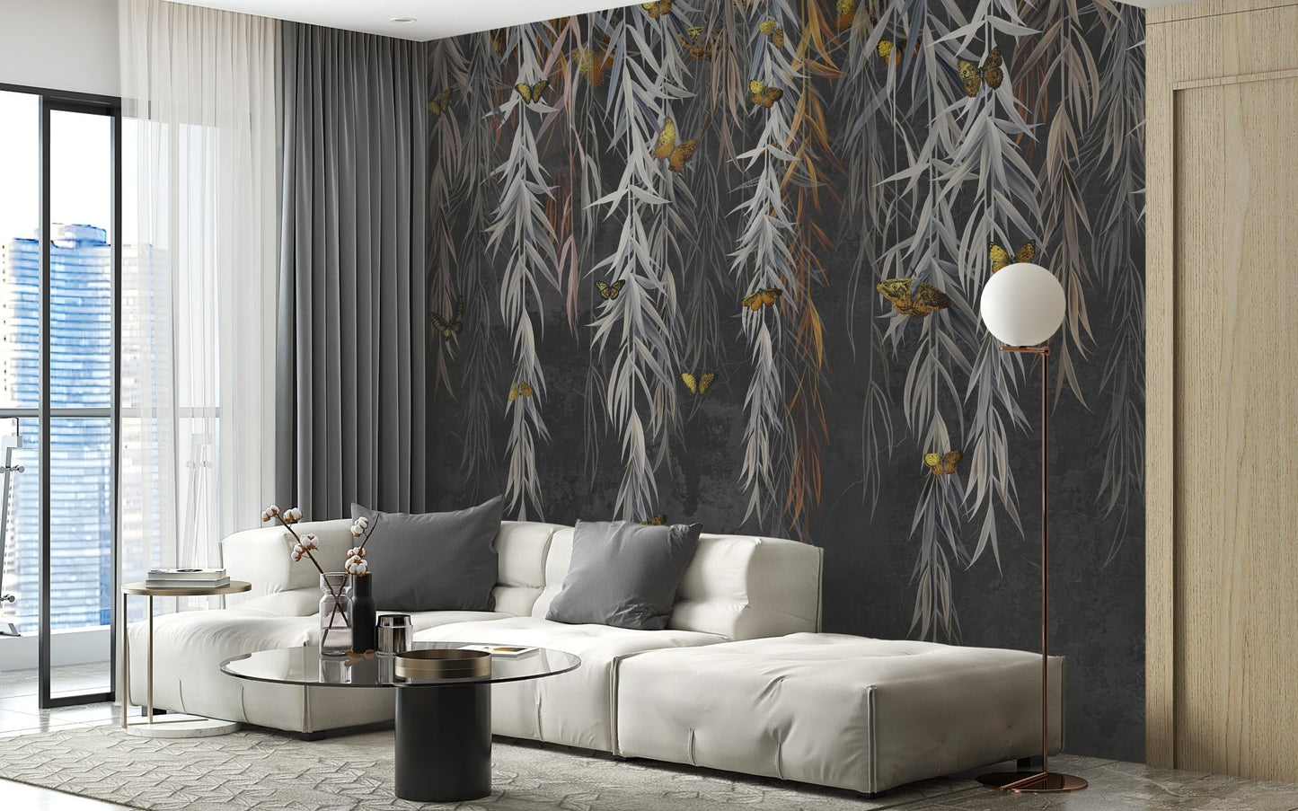 Spacious living room with grey leaves mural and sectional sofa.