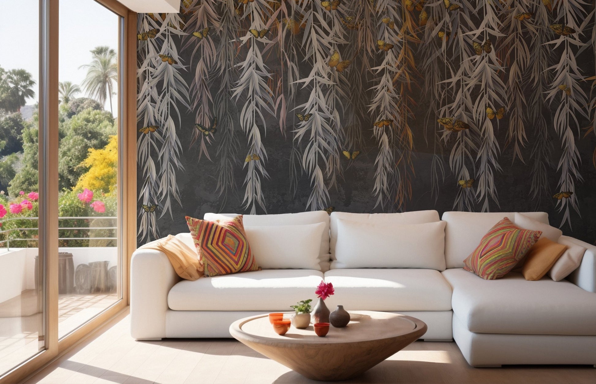 Modern living area featuring leaves pattern wall mural and white sofa.