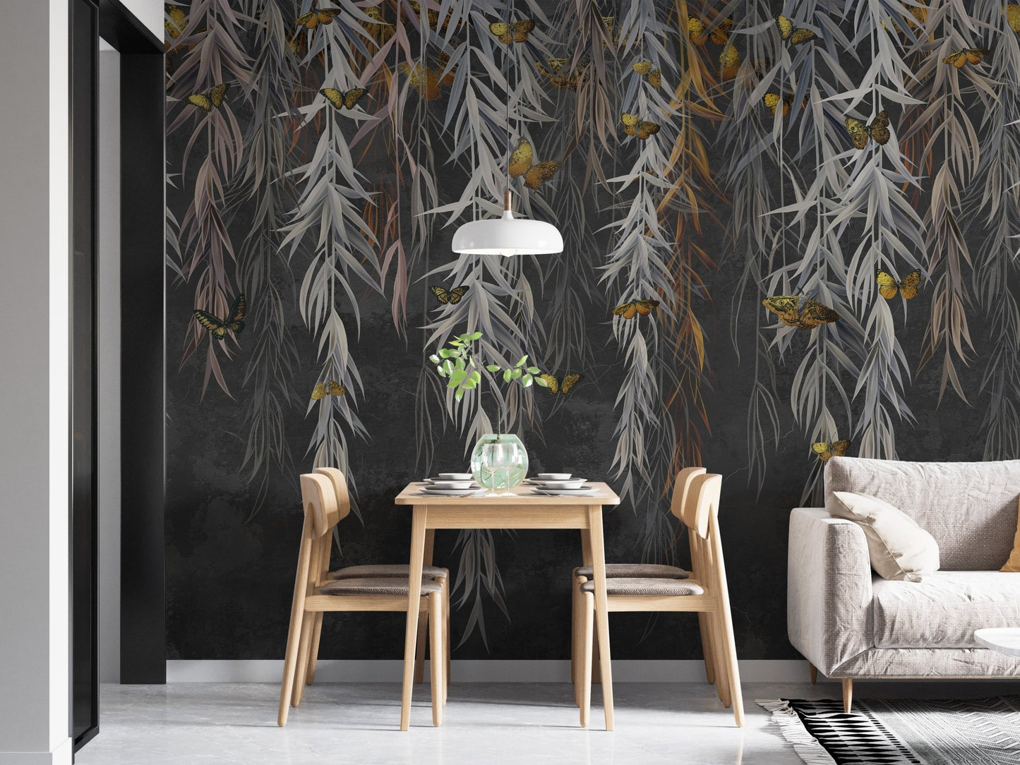 Small dining nook with leaves design wall mural and pendant light.
