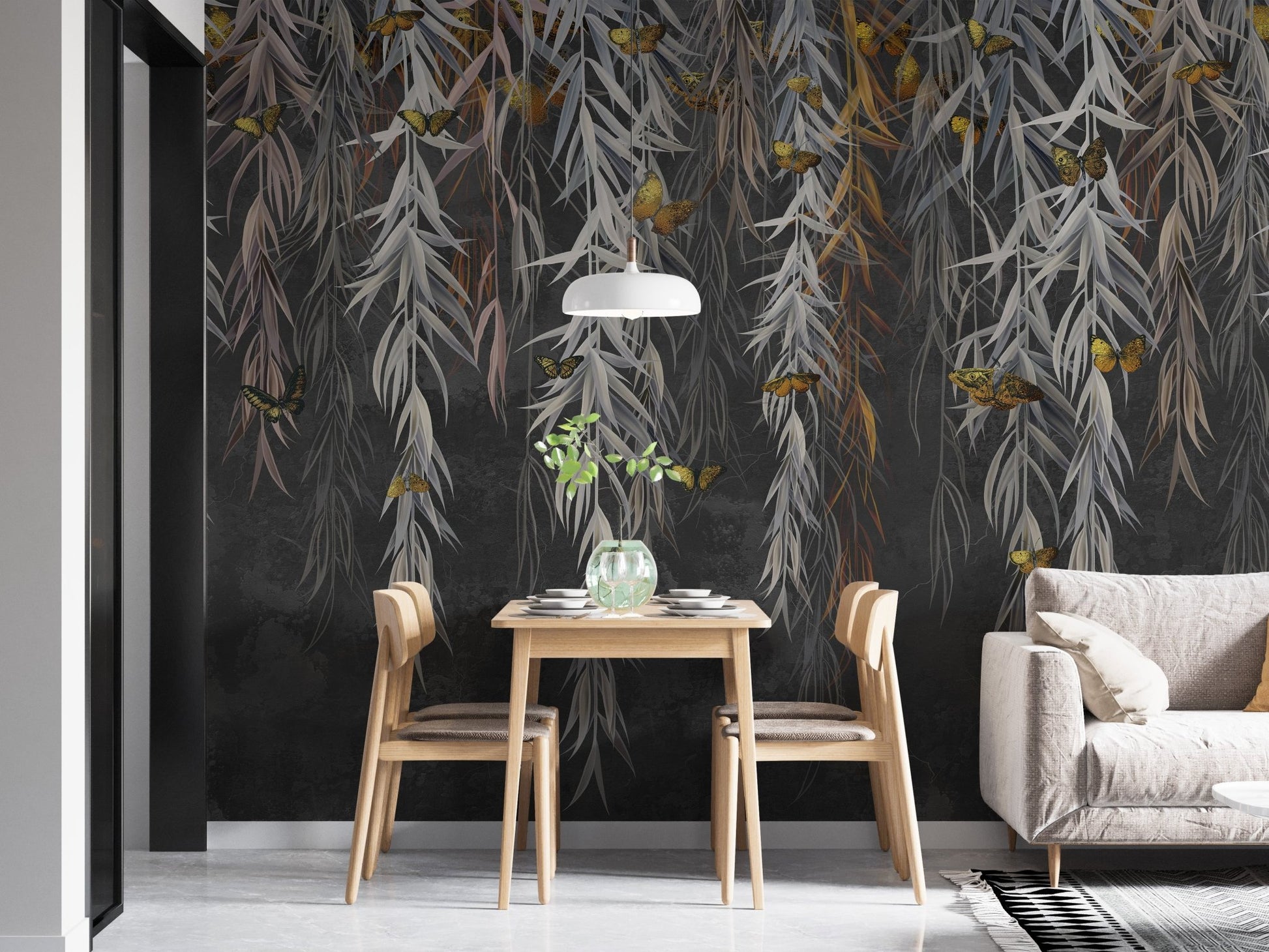 Small dining nook with leaves design wall mural and pendant light.