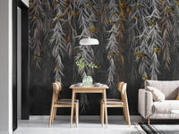Small dining nook with leaves design wall mural and pendant light.