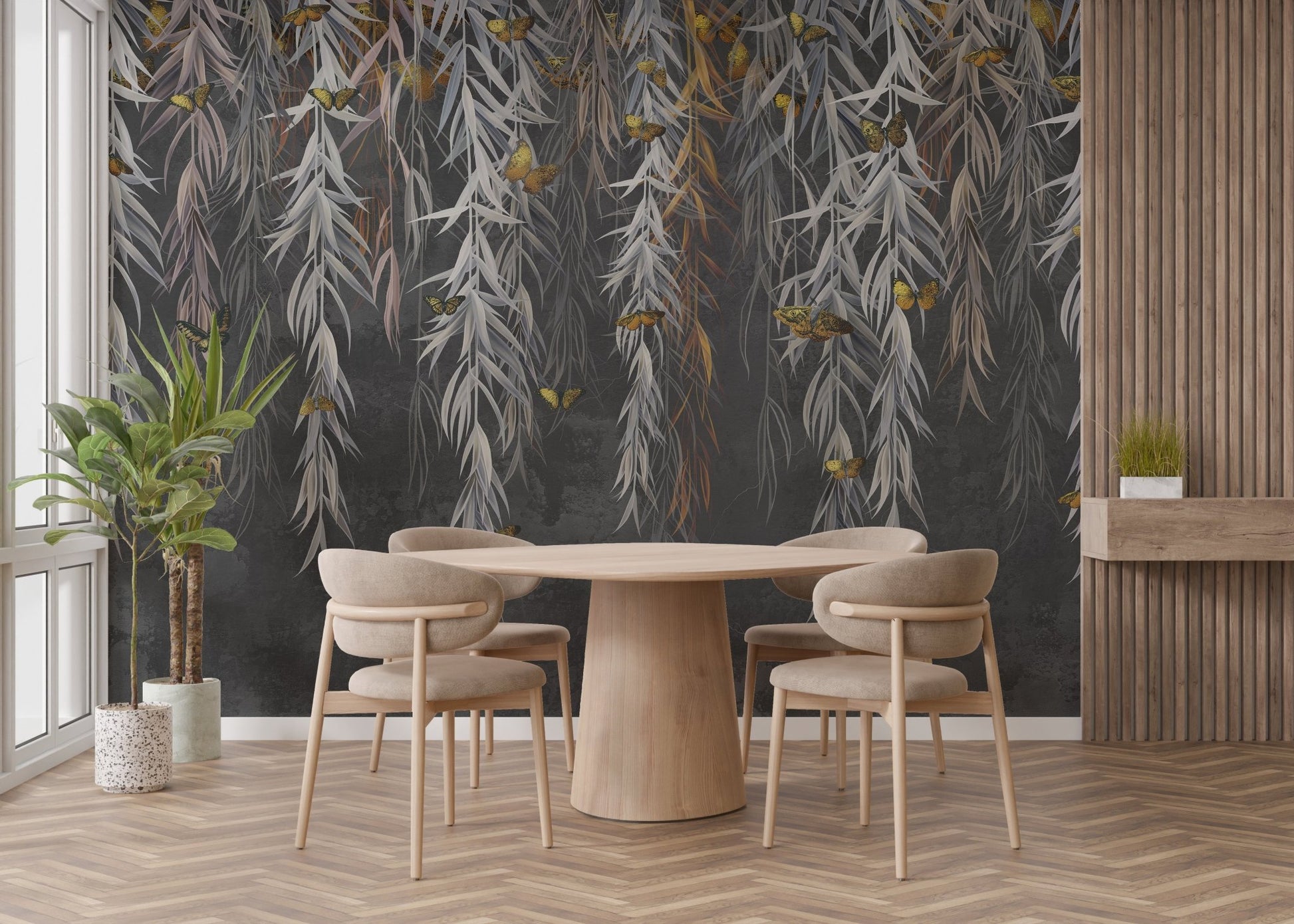 Elegant Golden Butterflies Leaves Wall Mural in dining room with round table.
