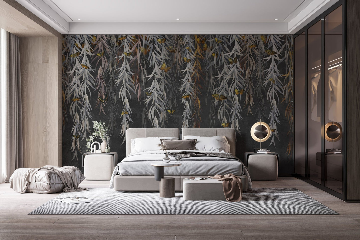 Bedroom with grey hanging vine wall mural and minimalist bed.