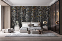 Bedroom with grey hanging vine wall mural and minimalist bed.