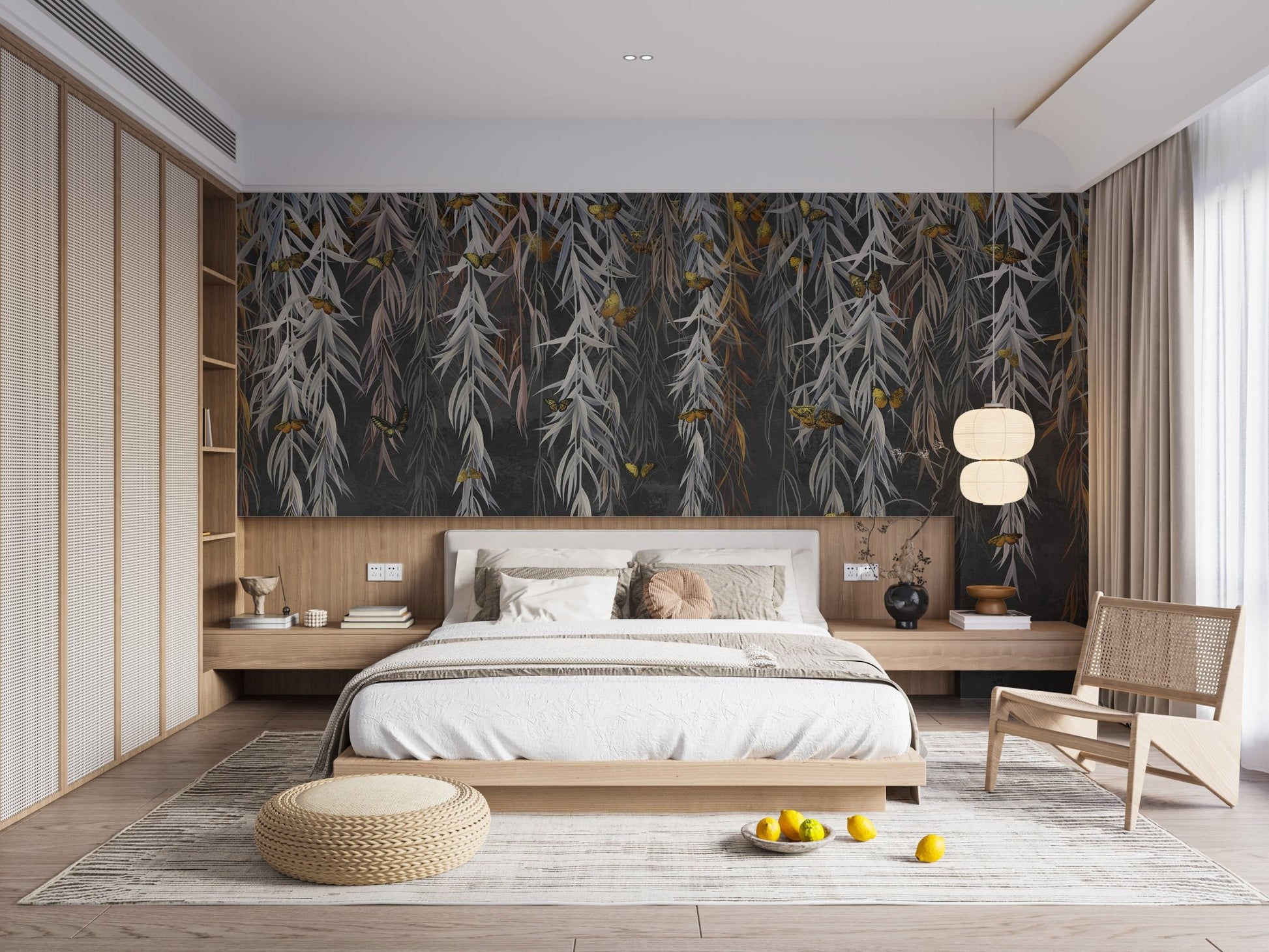 Minimalist bedroom featuring leaves wall mural and wooden accents.