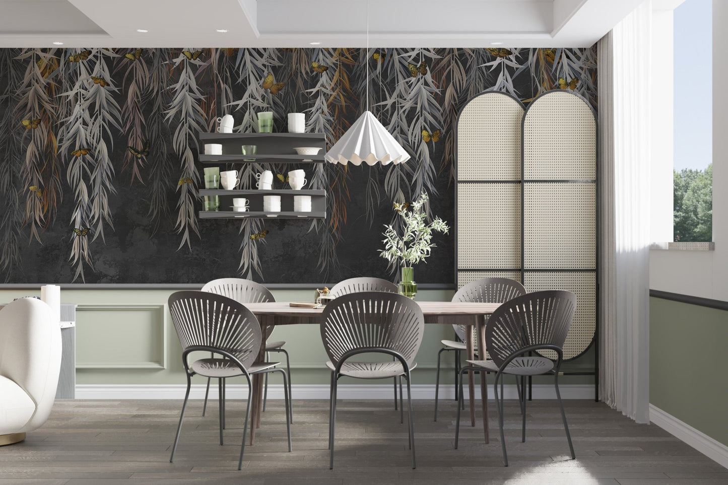 Contemporary dining space with leaves patterned wall mural and neutral tones.